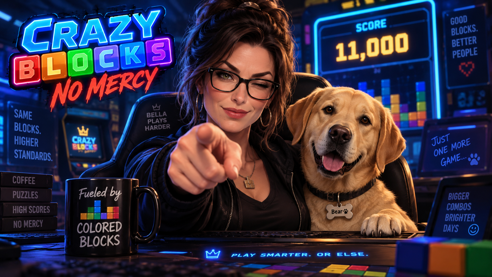 Bella pointing at the player with one eye closed beside Bear the yellow lab, with the Crazy Blocks 11,000-point scoreboard in the background